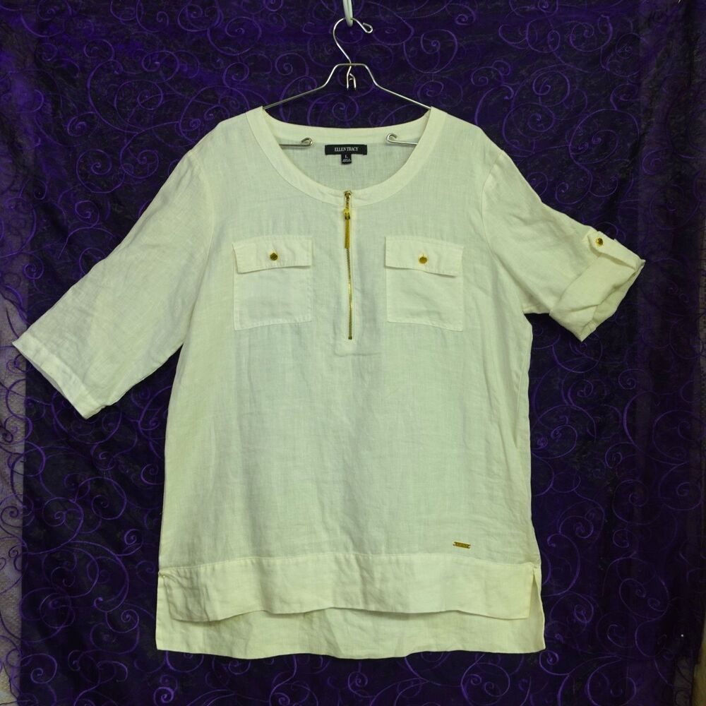 Ellen Tracy Womens Large 100% Linen White Shirt Luxury Chic Beachy Travel Summer